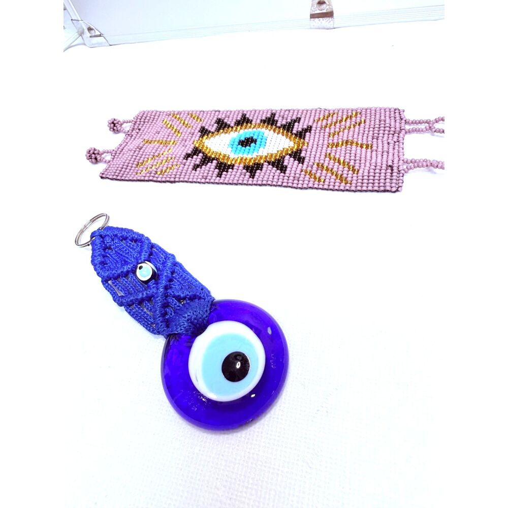 Vintage Evil Eye Beaded Bracelet 6" & Evil Eye Glass Macrame Key Chain